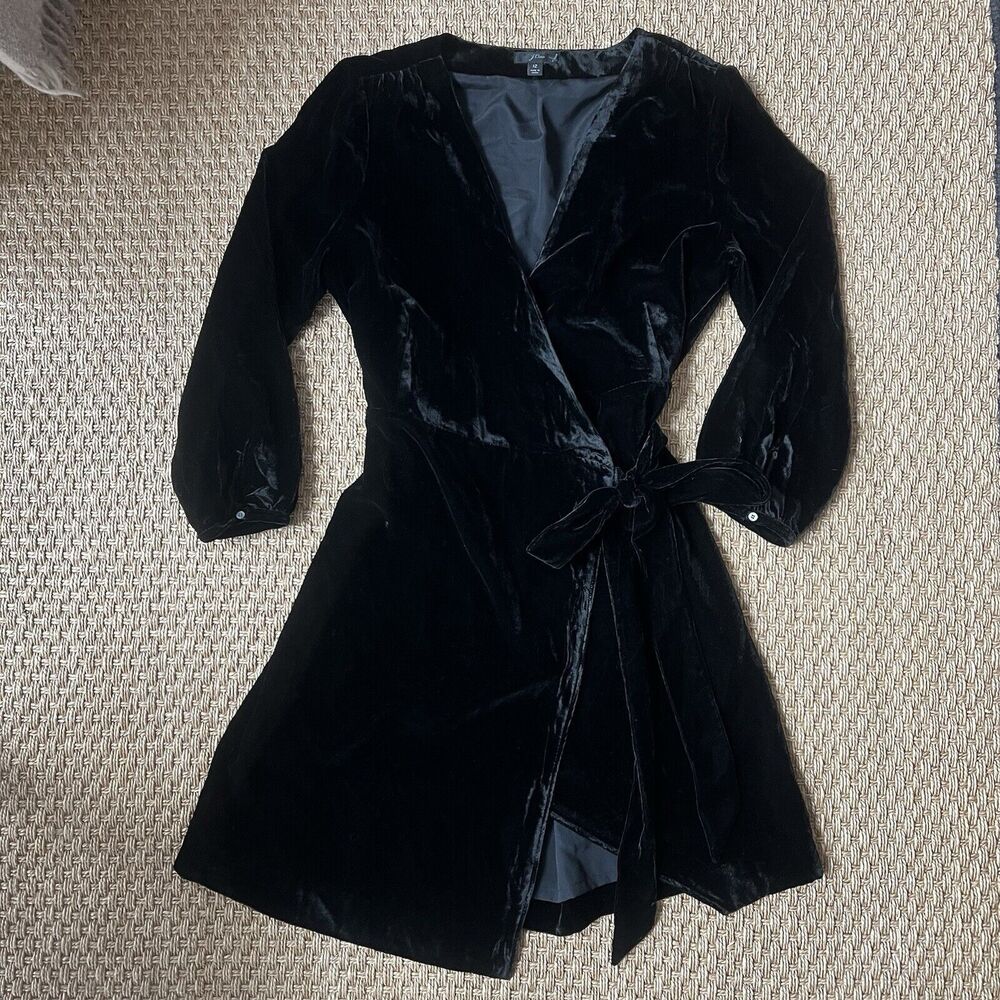 J. Crew Black Velvet True Wrap Dress Size 12 Long Slight Balloon Sleeve Witchy *